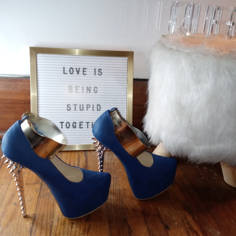 Spiked gold, heel, royal blue, size 7 (gently used)